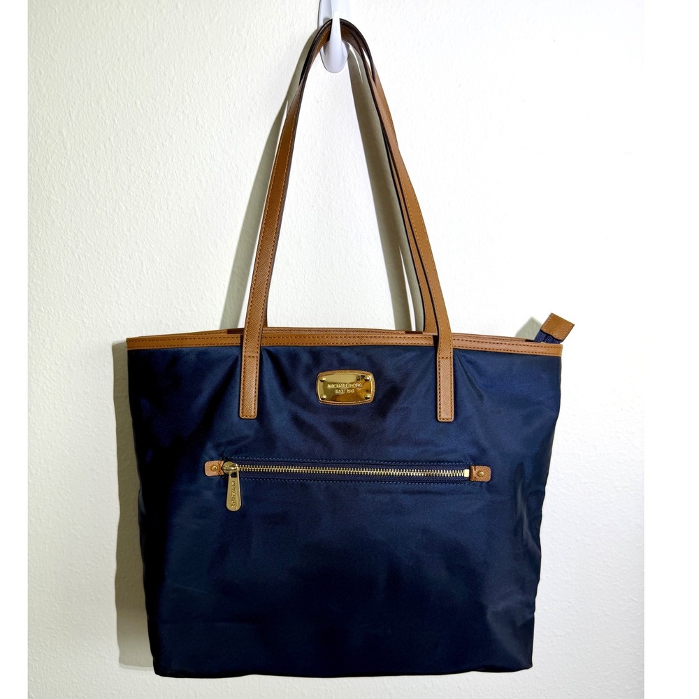 Michael Kors Navy Blue Nylon Tote Bag Tan Leather Trim Gold Hardware